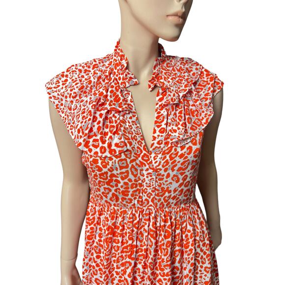 New Maje Leopard Animal Print Ruffles Orange Mini Dress Size M US 100% Viscose - Picture 8 of 15